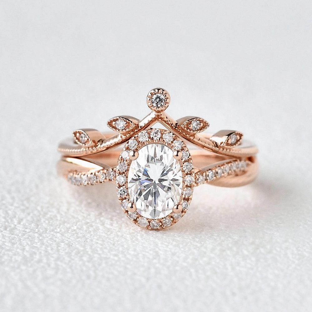 Bold Mood User Reviewed 1.5ct Oval Moissanite Leafy Twist Halo Ring Set 2pcs