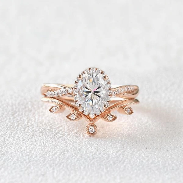 1.5ct Oval Moissanite Leafy Twist Halo Ring Set 2pcs Luxury Purchase