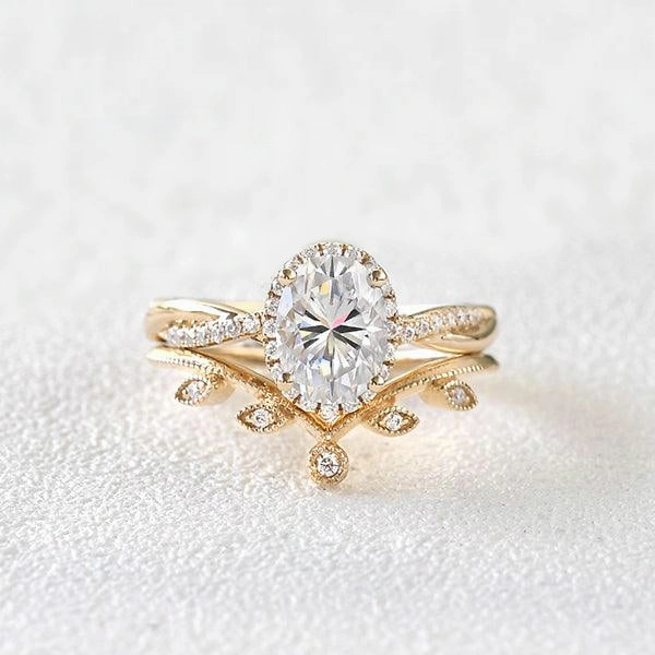 1.5ct Oval Moissanite Leafy Twist Halo Ring Set 2pcs family event Trendy Accessory
