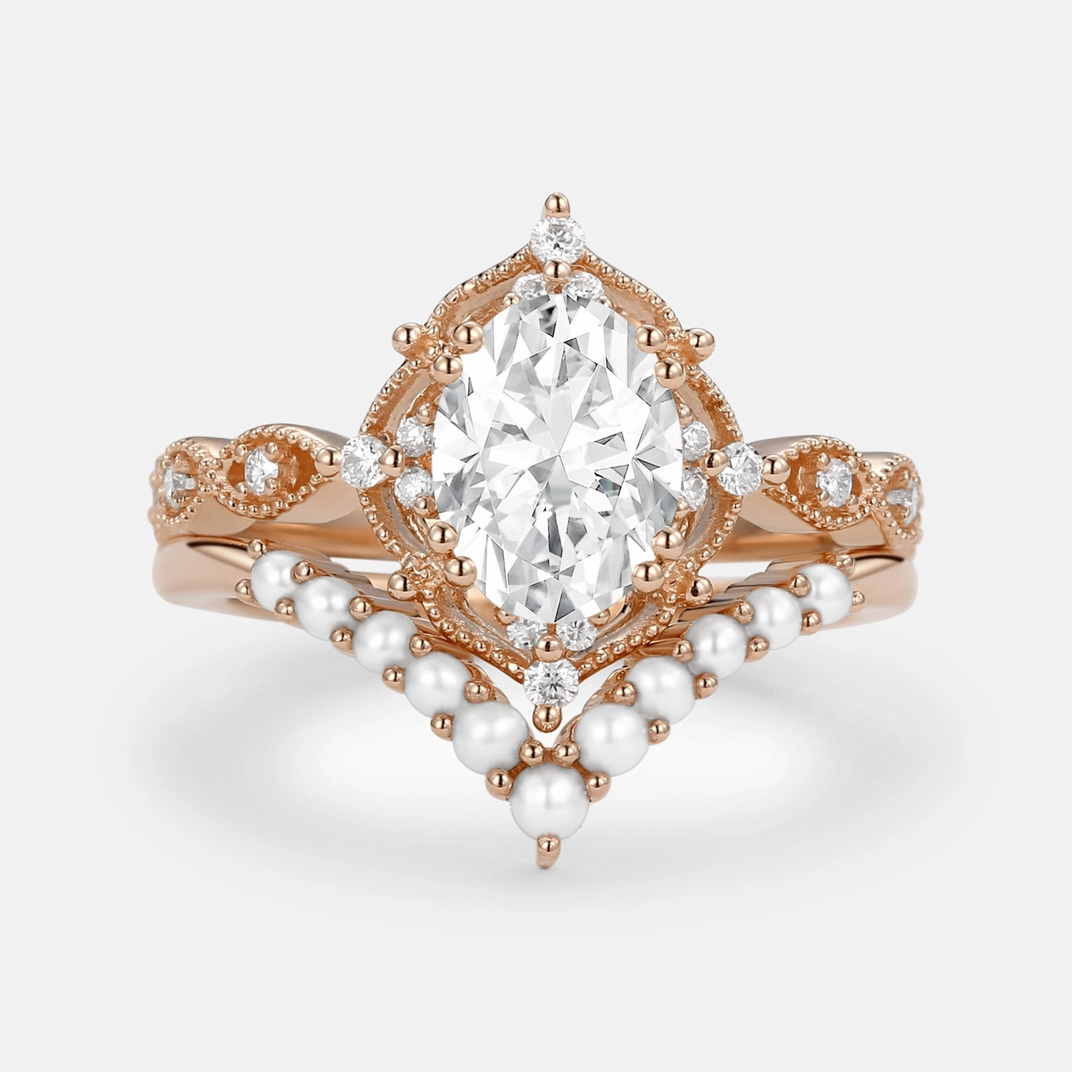 1.5ct Oval Moissanite Signature Vintage Pearl-fect Ring Set 2pcs - Slate Gift For Her