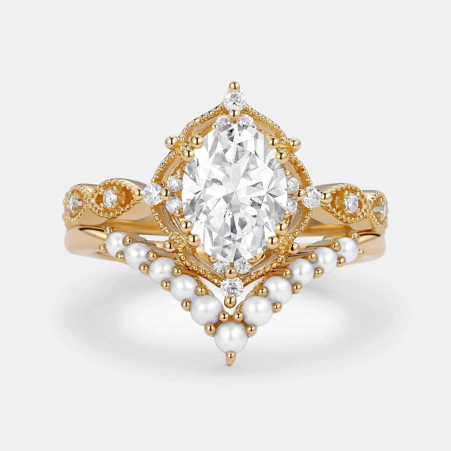 1.5ct Oval Moissanite Signature Vintage Pearl-fect Ring Set 2pcs - Slate Contemporary Decoration