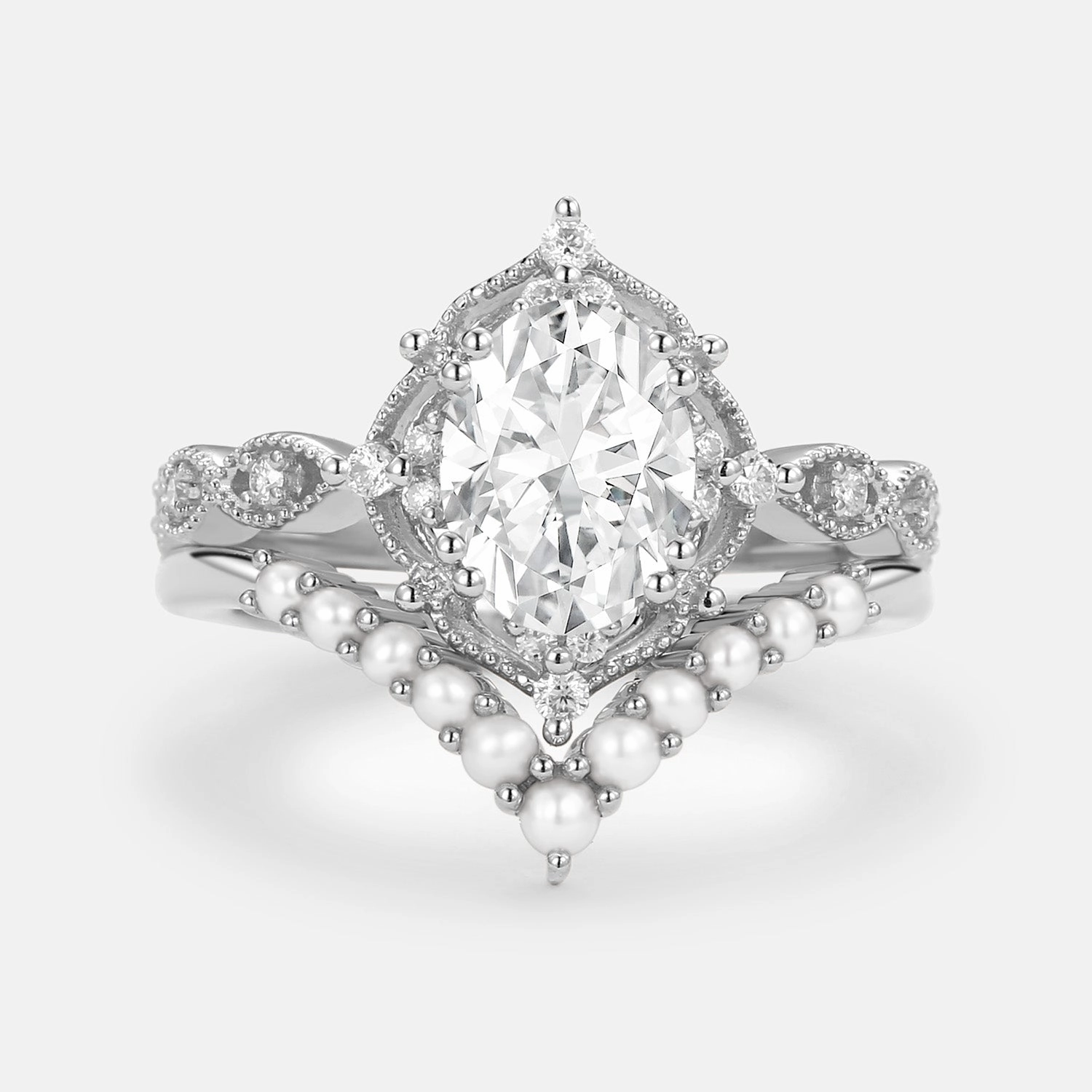 Artistic Detail Allure Edge 1.5ct Oval Moissanite Signature Vintage Pearl-fect Ring Set 2pcs - Slate