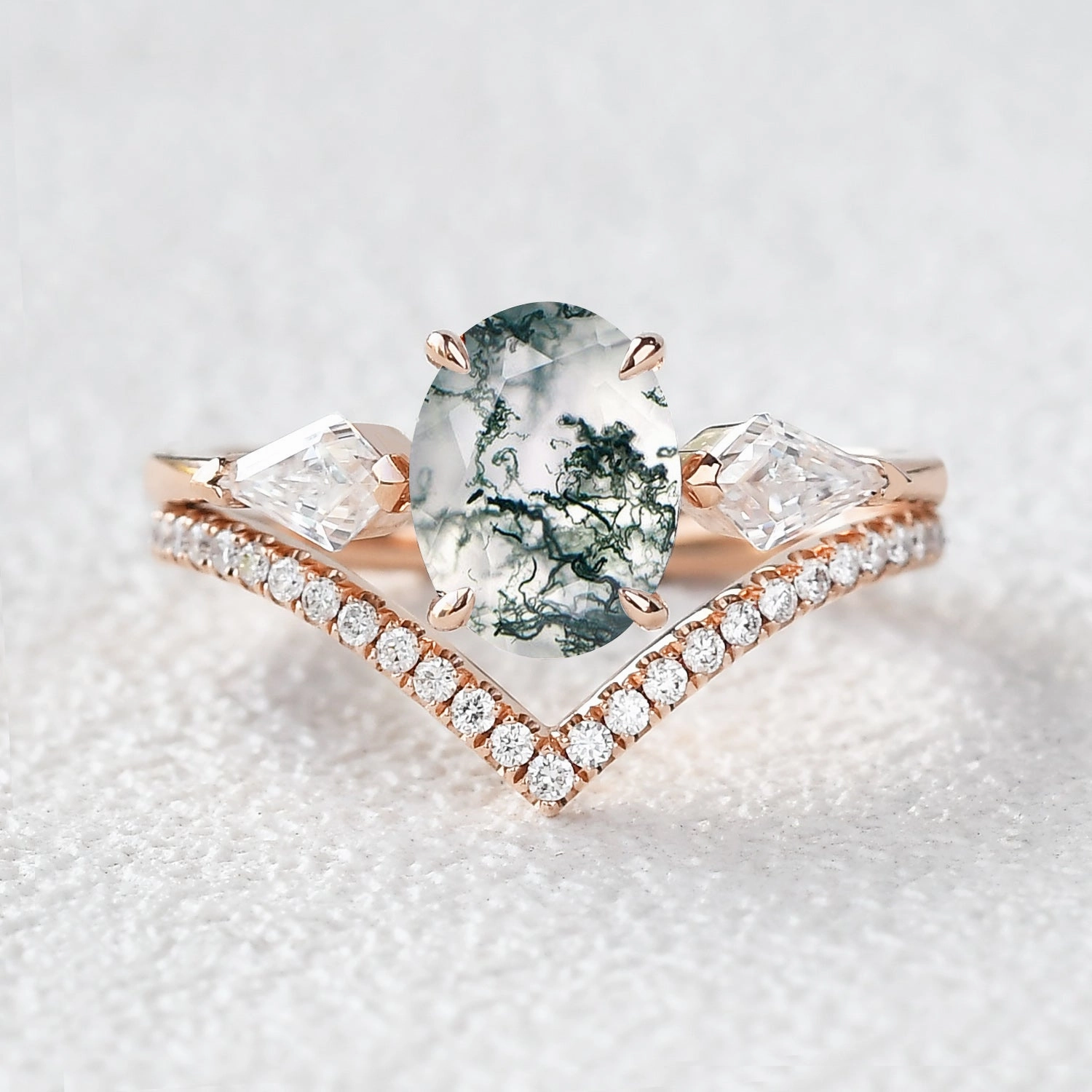 1.5ct Oval Moss Agate Three Stones Chevron Engagement Ring Set 2pcs Chic Gift Glam Finish