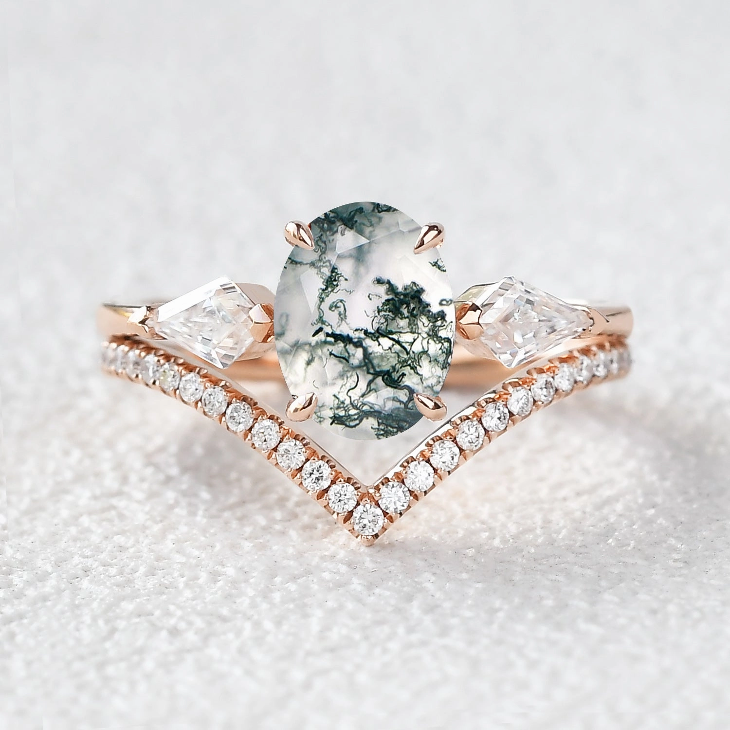 1.5ct Oval Moss Agate Three Stones Chevron Engagement Ring Set 2pcs Sparkling Piece