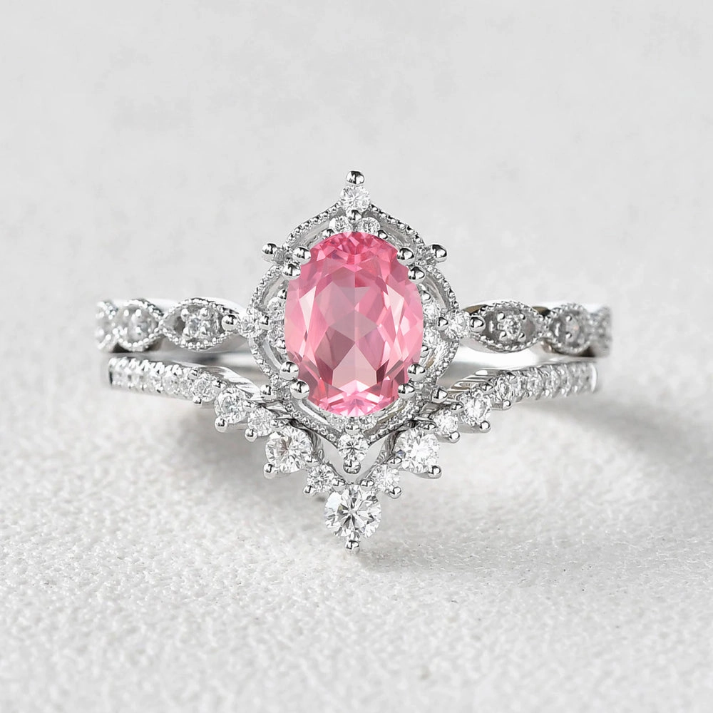 Sharp Angle 1.5ct Padparadscha Sapphire Signature Vintage Ring Set 2pcs - Charlotte