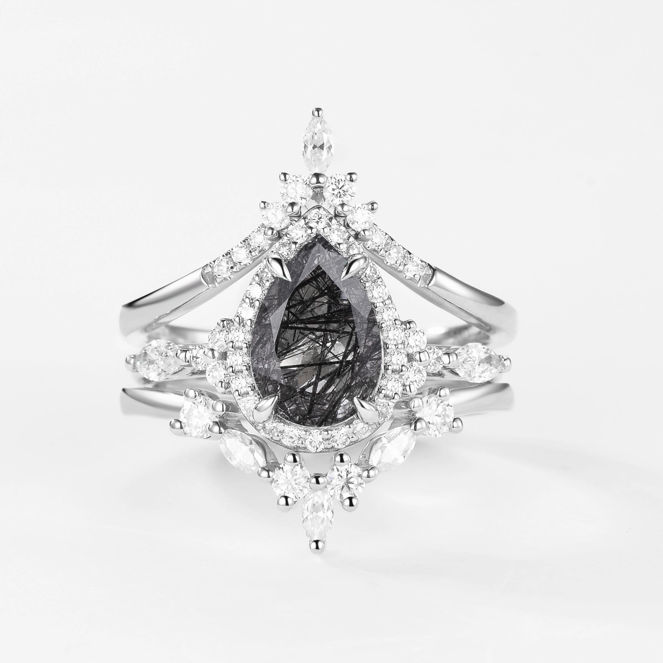 Custom Token Final Touch 1.5ct Pear Cut Black Rutilated Quartz Gold Ring Set 3pcs - Louisa
