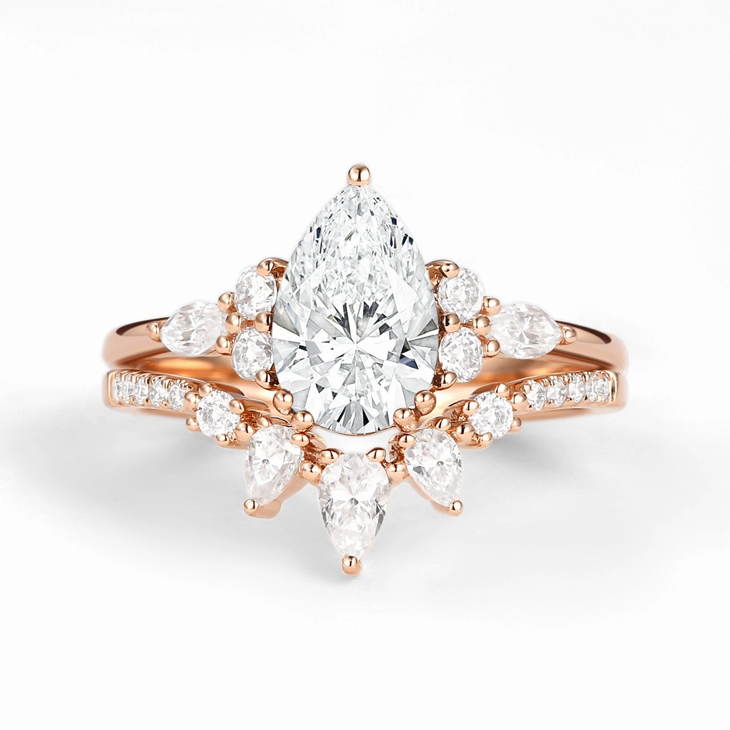 1.5ct Pear Cut Lab Grown Diamond Gold Engagement Ring Set 2pcs Ornate Mark