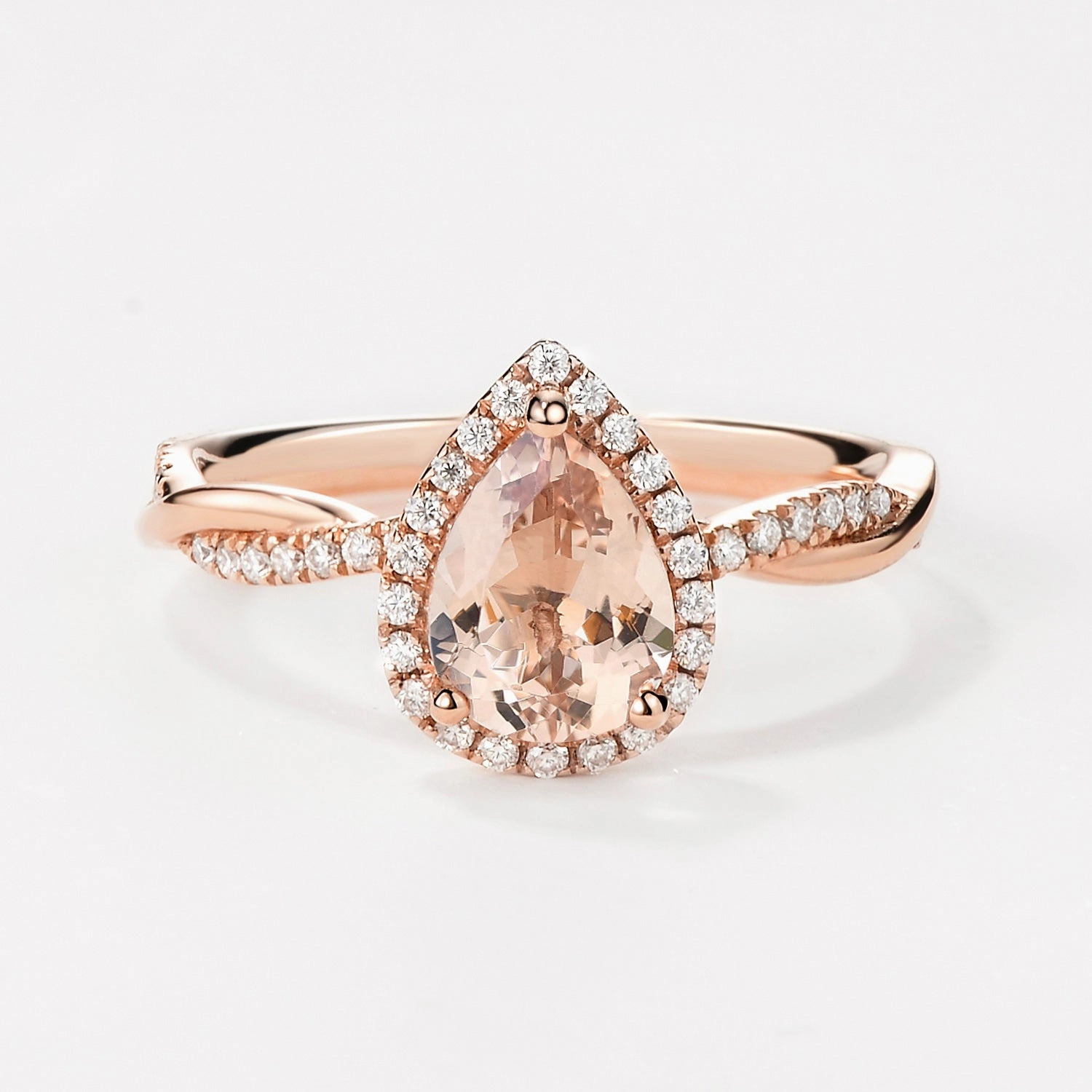 Soft Glow Handcrafted Decoration 1.5ct Pear Cut Morganite Infinity Halo Engagement Ring
