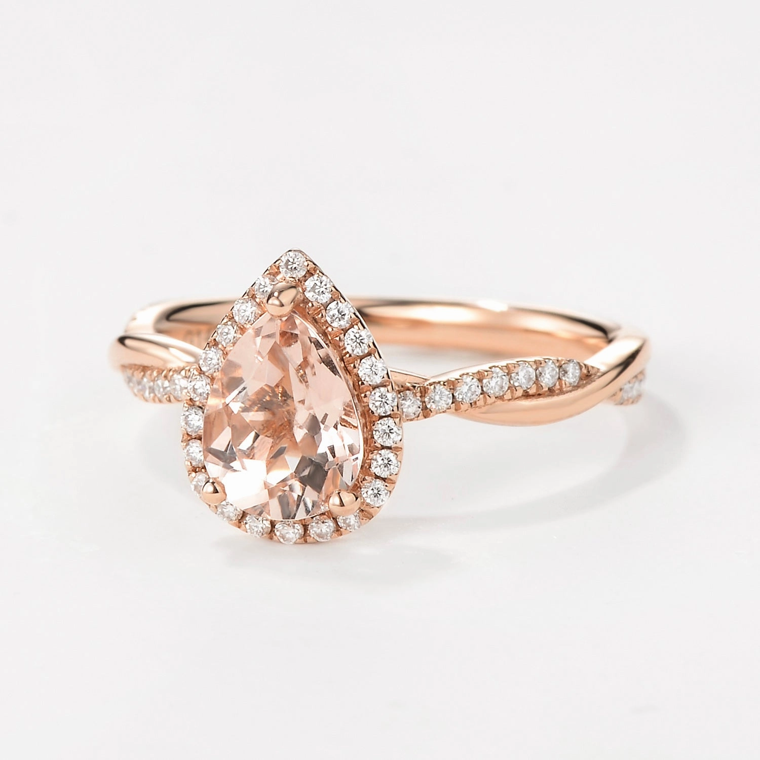 1.5ct Pear Cut Morganite Infinity Halo Engagement Ring Custom Emblem