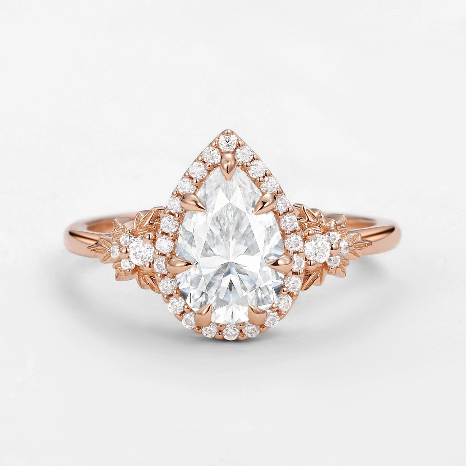 1.5ct Pear Moissanite Leafy Halo Infinity Ring - Tara Light Duty