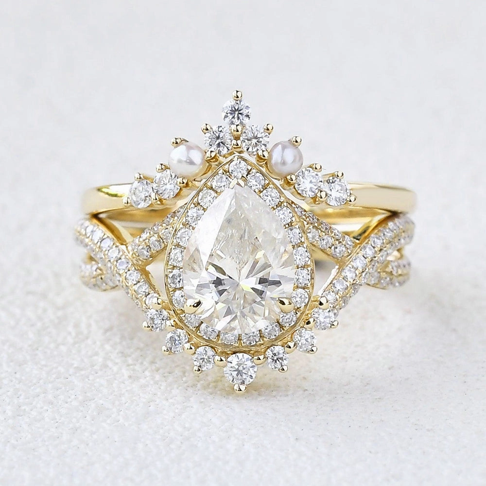 Fashion Accessories Handcrafted Design Shine 1.5ct Pear Moissanite Vintage Halo Infinity Ring Set 2pcs - Katherine