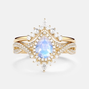 1.5ct Pear Moonstone & Pearl Halo Infinity Ring Set 2pcs Creative Accessory Compostable Material