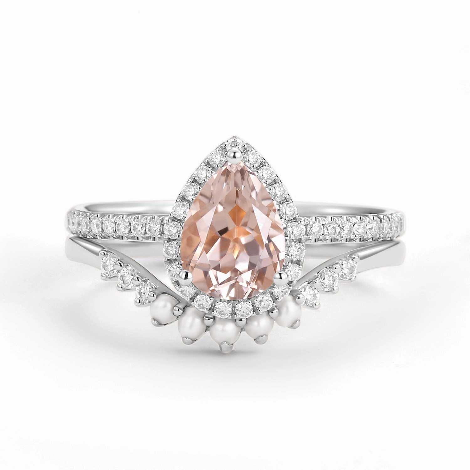 Designer Expression 1.5ct Pear Morganite Pearl-fect Classic Halo Ring Set 2pcs