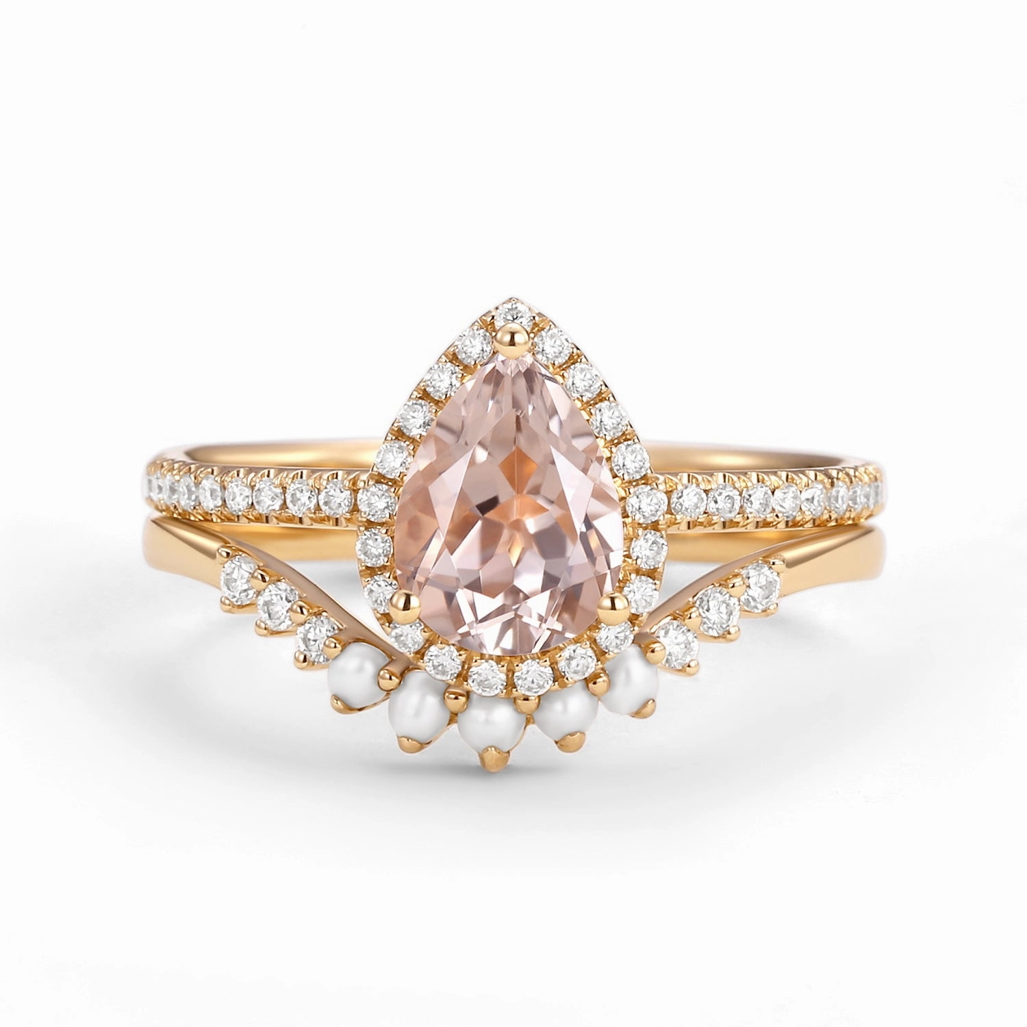 1.5ct Pear Morganite Pearl-fect Classic Halo Ring Set 2pcs Sentimental Gift