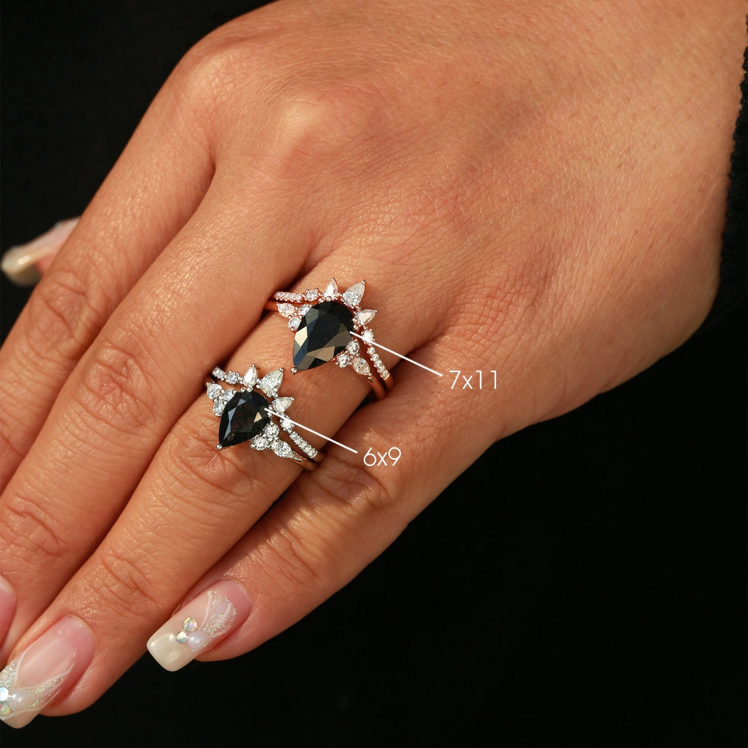 Value Accessory 1.5ct Pear Shaped Black Rutilated Quartz Gold Ring Set 2pcs - Sage