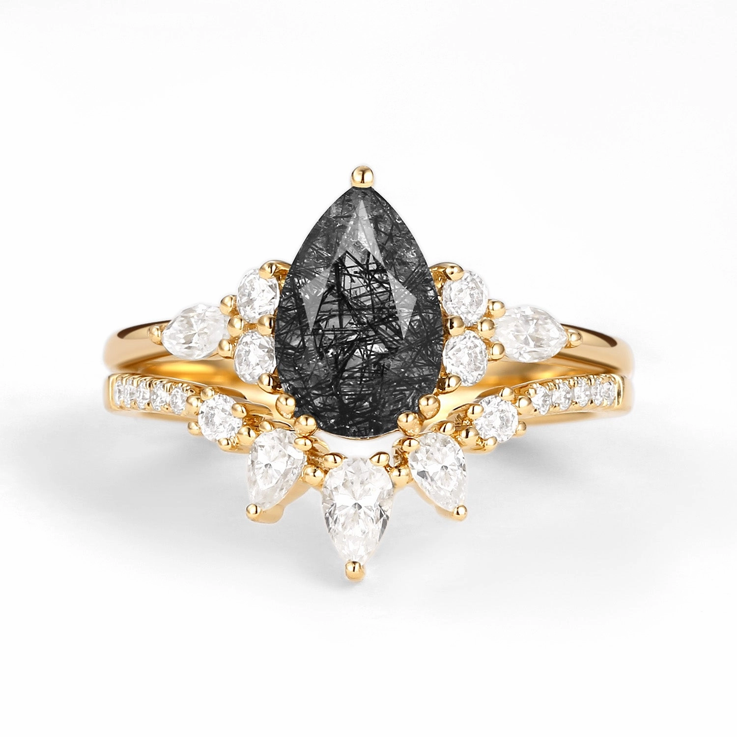 1.5ct Pear Shaped Black Rutilated Quartz Gold Ring Set 2pcs - Sage Glamorous Design Trendy Look