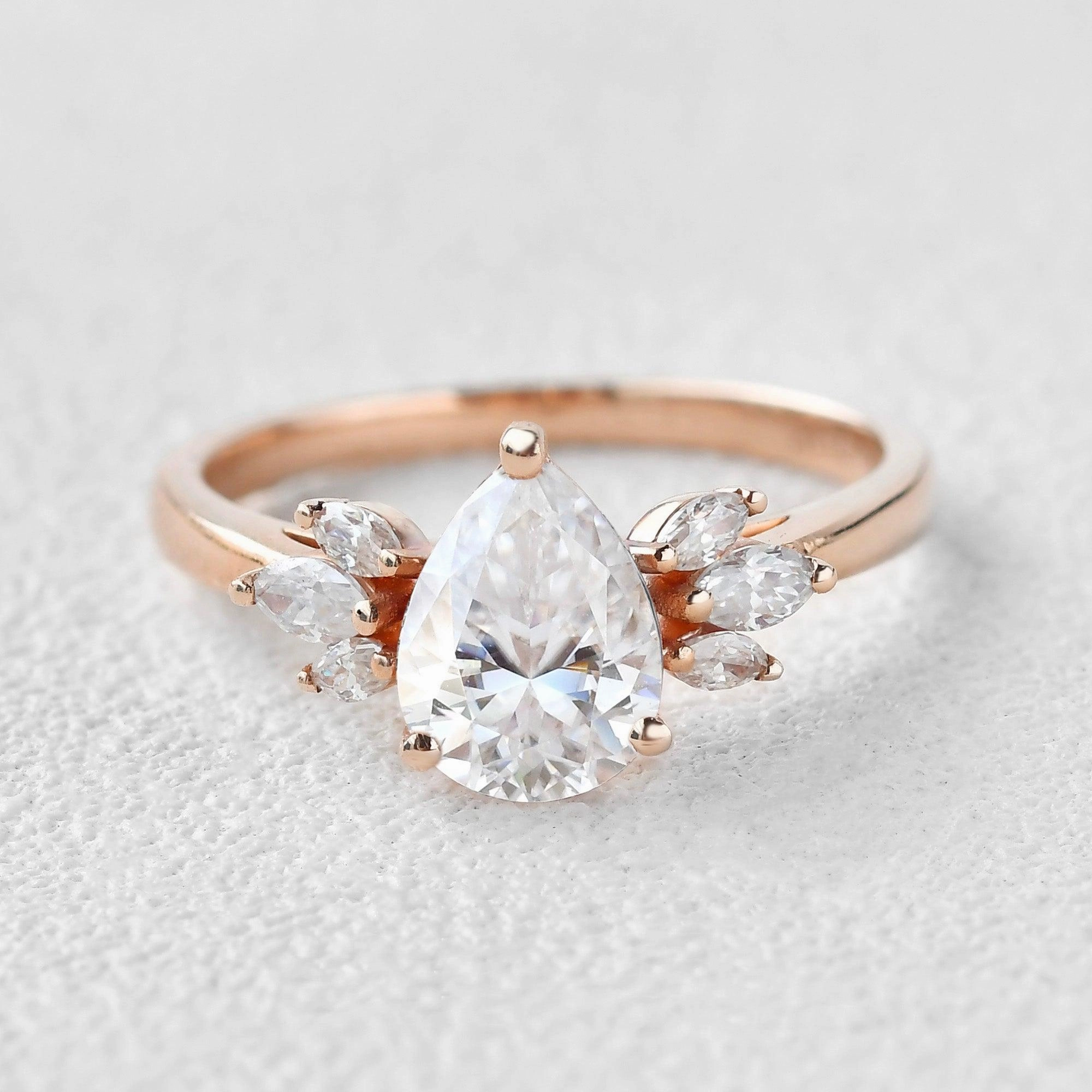 Vintage Mark 1.5ct Pear Shaped Moissanite Butterfly Cluster Fairy Ring