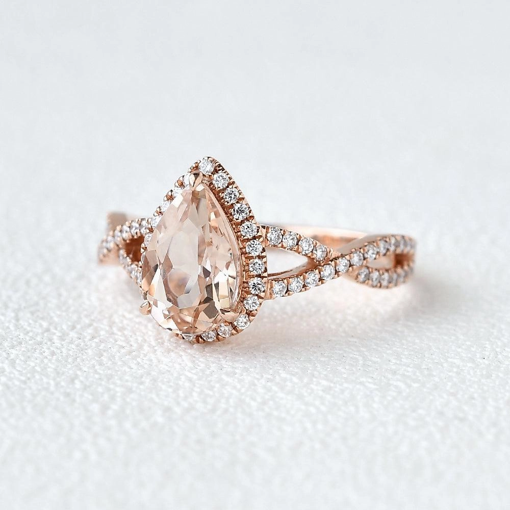 Beautiful Jewelry Branded Article 1.5ct Pear Shaped Morganite Infinity Vintage Halo Ring