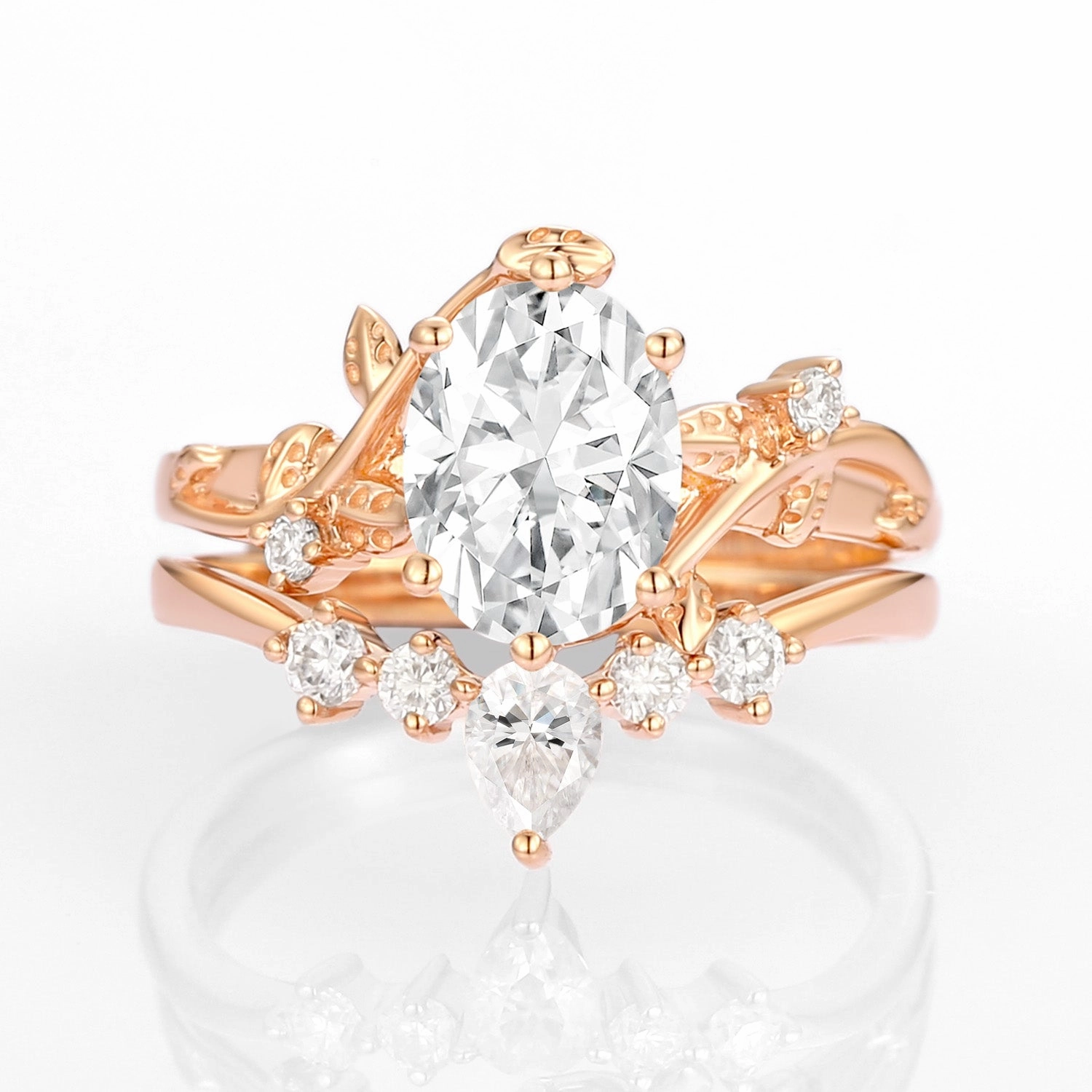 Cultural Fusion Simple Product 1.5ct Unique Oval Moissanite Vine Ring Set 2pcs - Willow