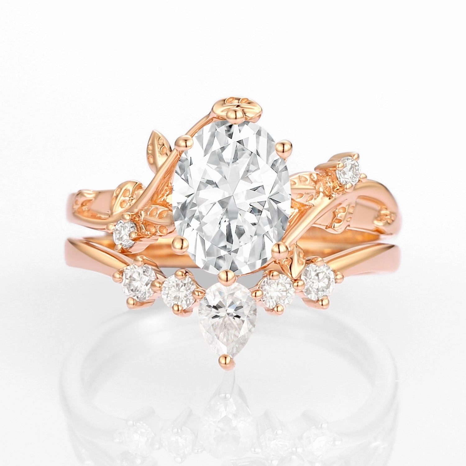 1.5ct Unique Oval Moissanite Vine Ring Set 2pcs - Willow Evening Look