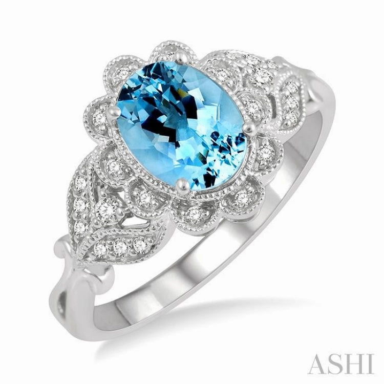 Eternal Expression Exclusive Article 1/6 Ctw Floral Lattice Round Cut Diamond and 8x6MM Oval Cut Aquamarine Precious Ring in 10K White Gold