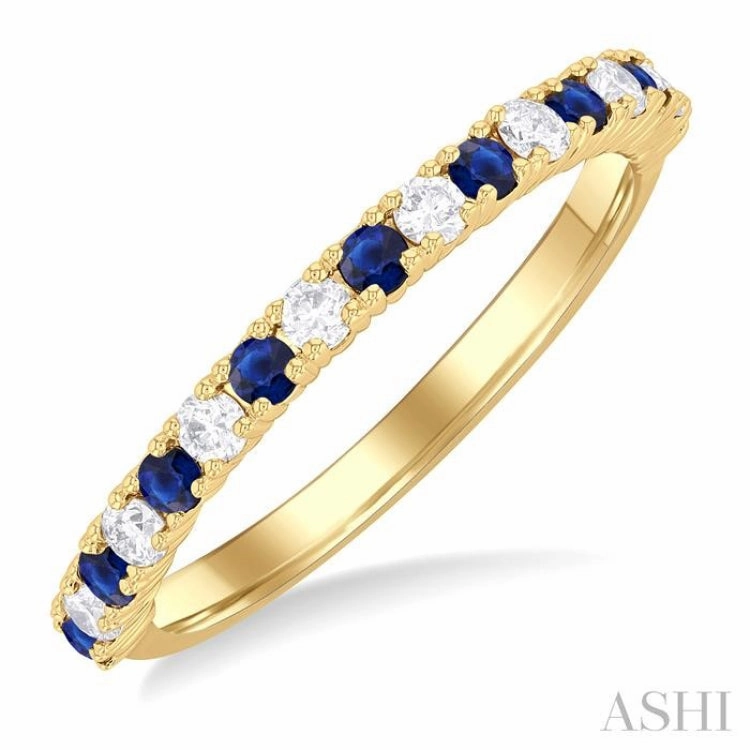 1.80 MM Round Shape Sapphire and 1/4 Ctw Round Cut Diamond Precious Stack Band in 10K Yellow Gold Branded Style Cool Accent