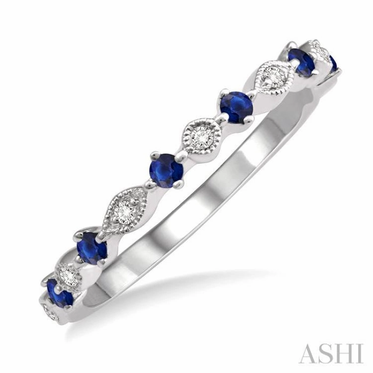 Personal Touch Designer Object 1.8 MM Round Cut Sapphire and 1/20 ctw Round Cut Diamond Precious Half Eternity Wedding Band in 14K White Gold