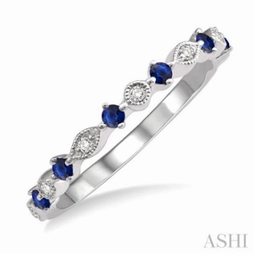 Personal Touch Designer Object 1.8 MM Round Cut Sapphire and 1/20 ctw Round Cut Diamond Precious Half Eternity Wedding Band in 14K White Gold