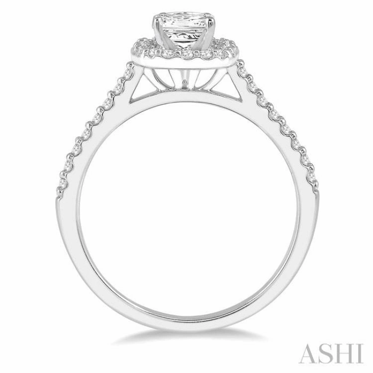 1 Ctw Cushion Shape Round & Princess Cut Diamond Engagement Ring With 3/4 Ctw Princess Cut Center Stone in 14K White Gold Economical Article