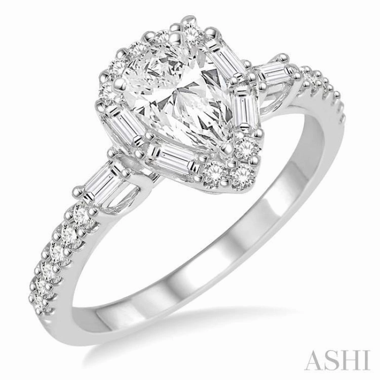 1 Ctw Diamond Engagement Ring with 1/2 Ct Pear cut Center Stone in 14K White Gold Light Feel Display Model