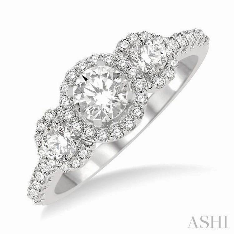 1 ctw Past, Present & Future Diamond Engagement Ring With 3/8 ct Round Cut Center Stone in 14K White Gold Stylish Accent Sweetheart Gift