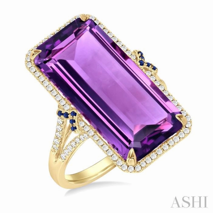 22x10 MM Emerald Cut Amethyst and 0.80 MM Round Sapphire & 1/4 Ctw Round Cut Diamond Halo Precious & Semi-Precious Ring in 14K Yellow Gold Eternal Style Economical Piece