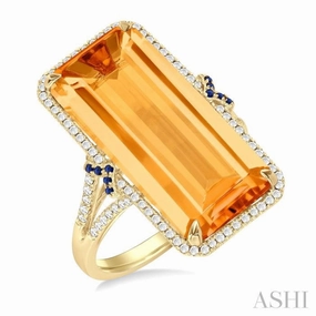 22x10 MM Emerald Cut Citrine and 0.80 MM Round Sapphire & 1/4 Ctw Round Cut Diamond Halo Precious & Semi-Precious Ring in 14K Yellow Gold Timeless Contour Artistic Sign