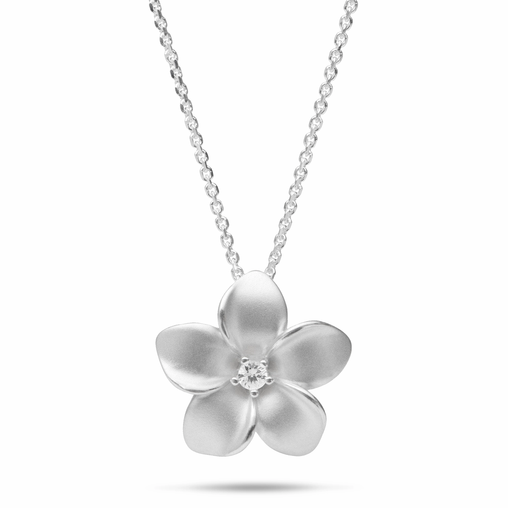24" Adjustable Plumeria White Sapphire Necklace in Sterling Silver - 20mm Romantic Glow Simple Detail