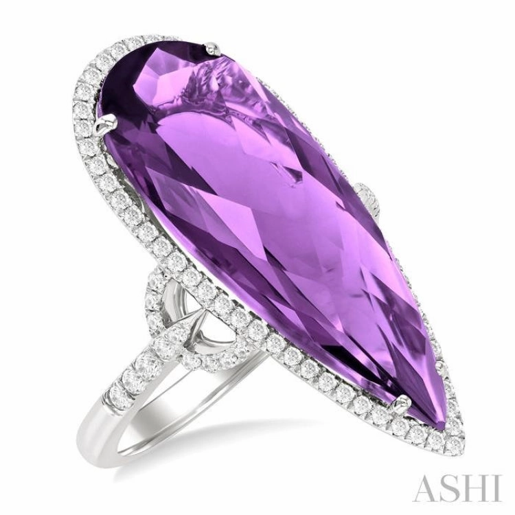 26X10 MM Pear Cut Amethyst and 1/2 Ctw Round Cut Diamond Halo Semi-Precious Ring in 14K White Gold Timeless Work Everyday Use