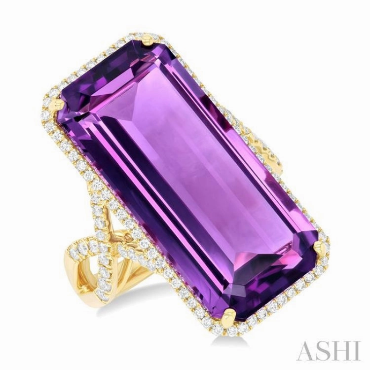 26x12 MM Emerald Cut Amethyst and 1/2 Ctw Round Cut Diamond Halo Semi-Precious Ring in 14K Yellow Gold Signature Accessory