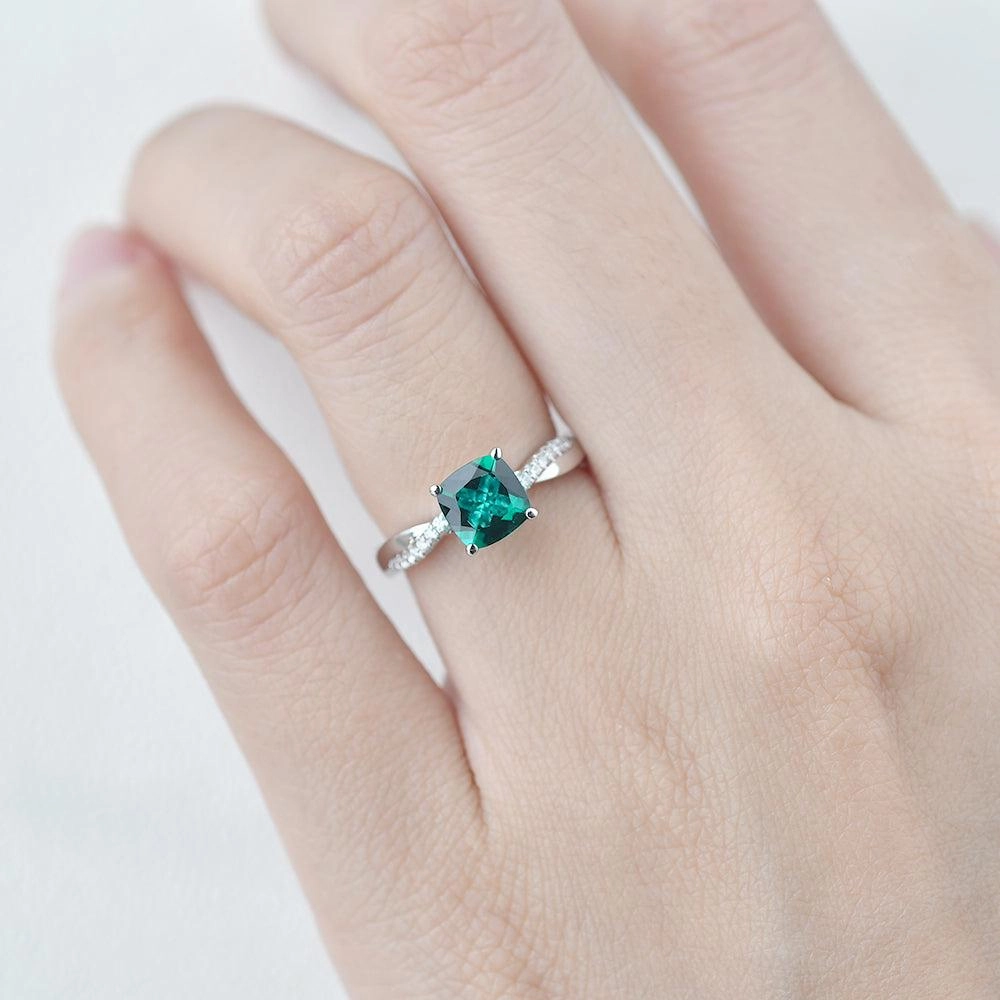 2.0ct Cushion Cut Emerald Classic Solitaire Twist Ring Fantastic Adornment