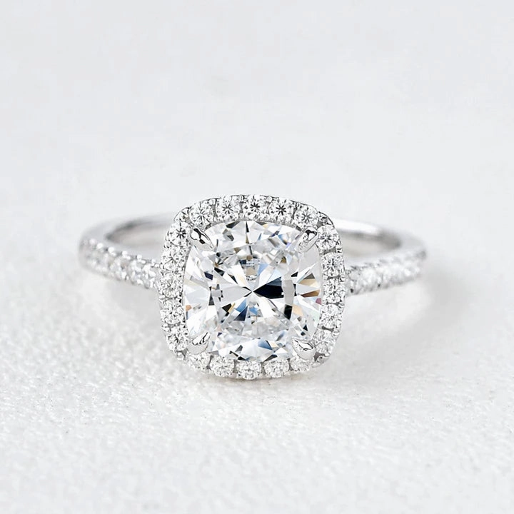Lustrous Accent Neutral Mood 2.0ct Cushion Cut Lab Grown Diamond Halo Gold Engagement Ring