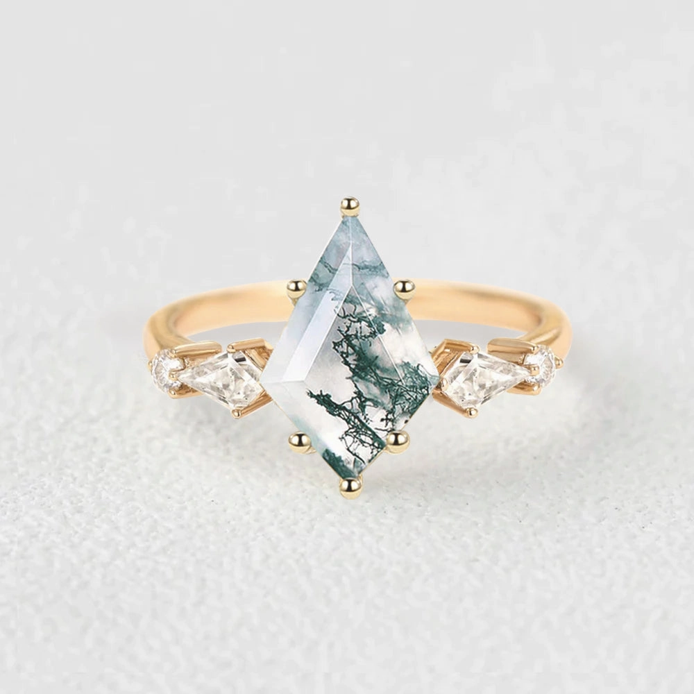 2.0ct Kite Moss Agate Five Stones Gold Engagement Ring Factory Finished Metallic Sheen