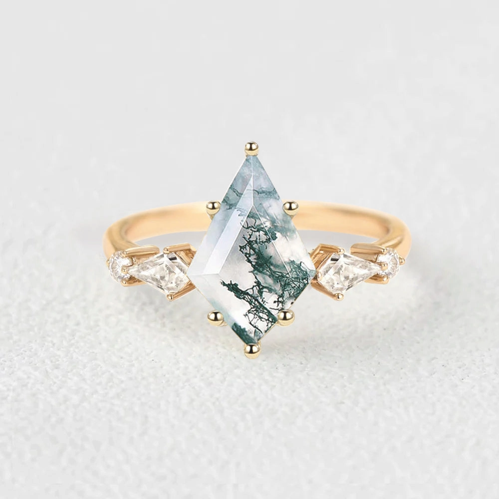 2.0ct Kite Moss Agate Five Stones Gold Engagement Ring Spring Present Daily Expression