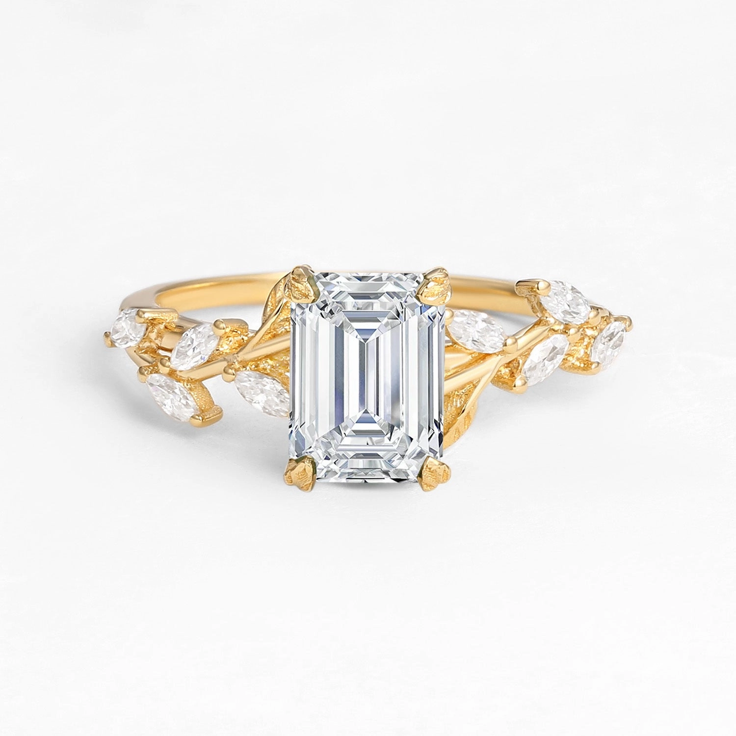 Excellent Piece 2.0ct Leafy Emerald Cut Lab Grown Diamond Cluster Engagement Ring