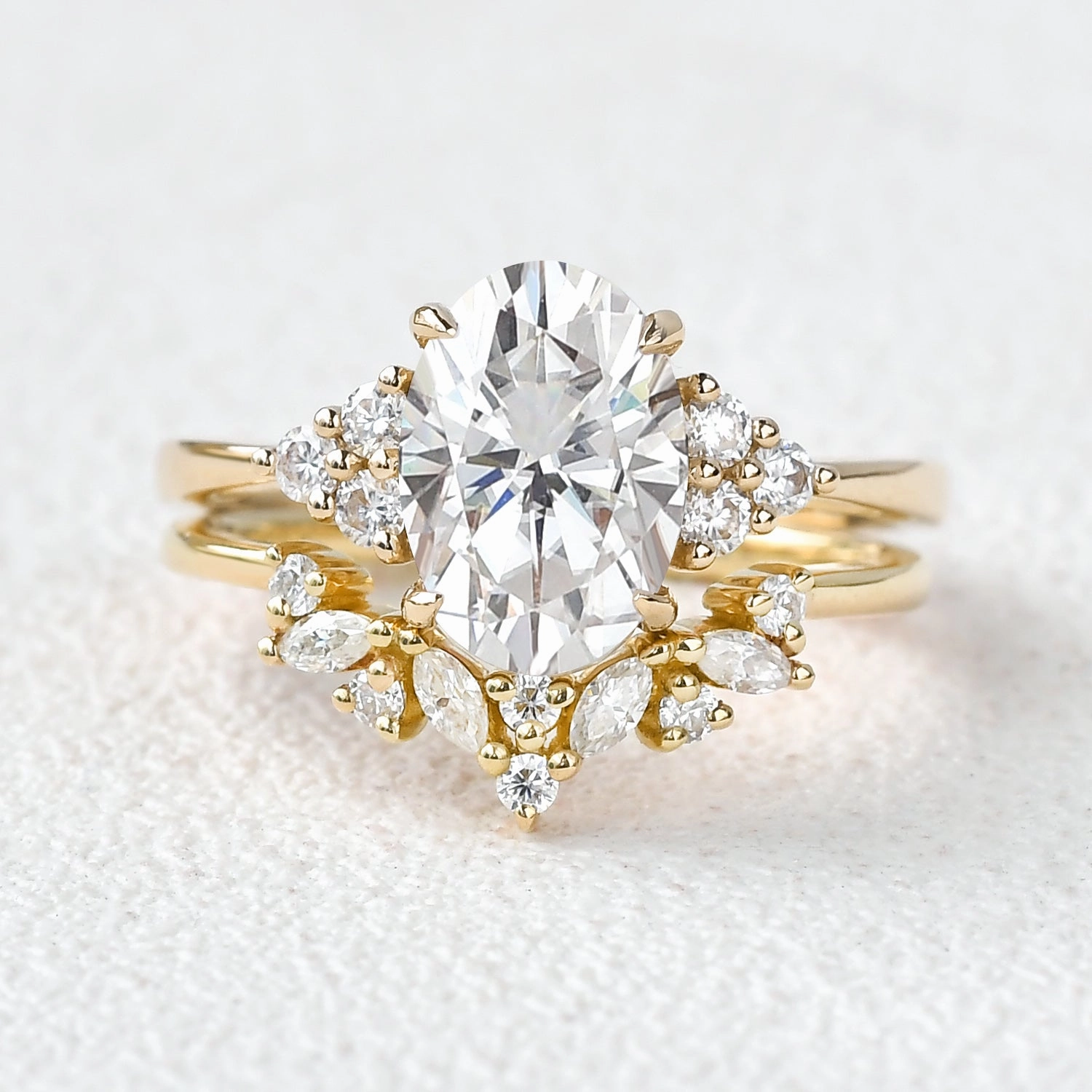 2.0ct Oval Cut Moissanite Floral Cluster Gold Ring Set 2pcs Lightweight Fit