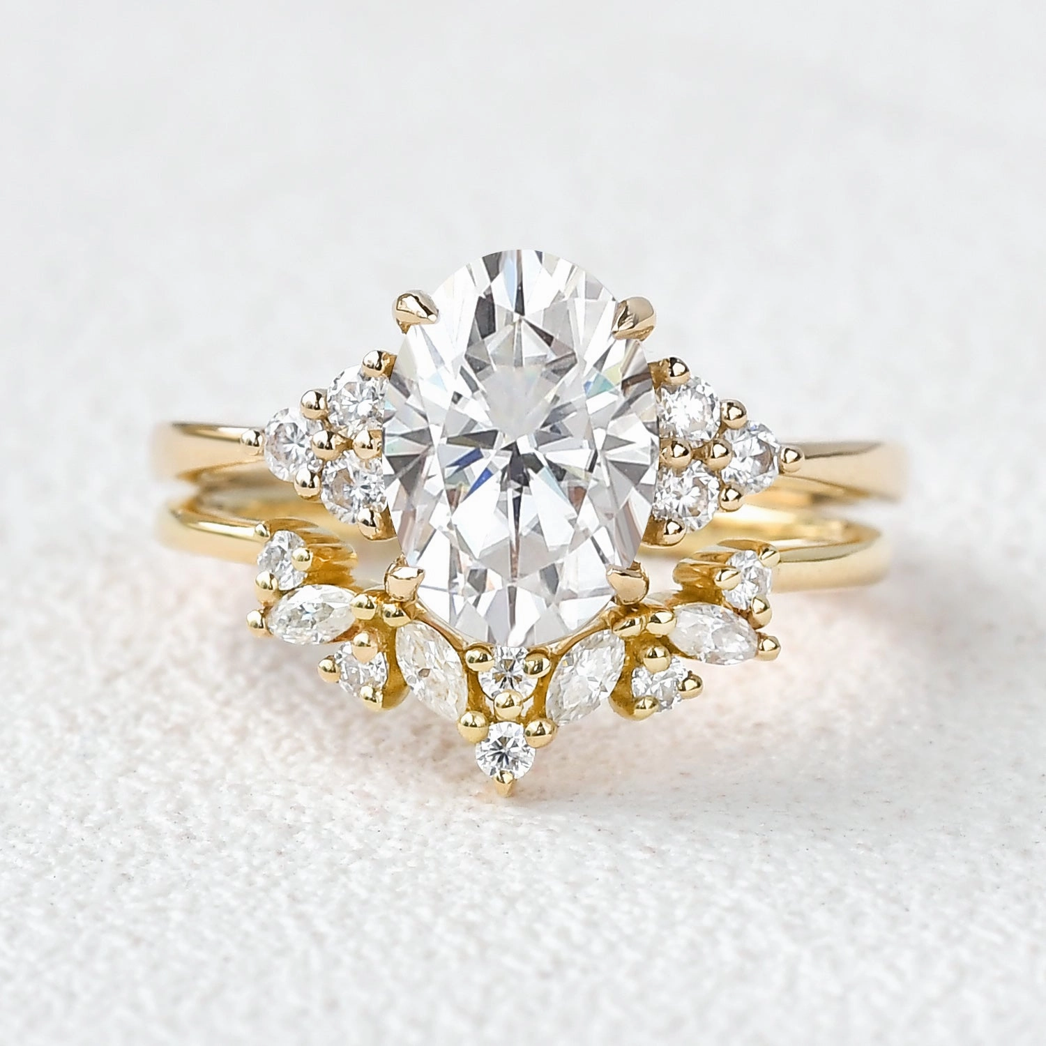 Beautiful Work 2.0ct Oval Cut Moissanite Floral Cluster Gold Ring Set 2pcs