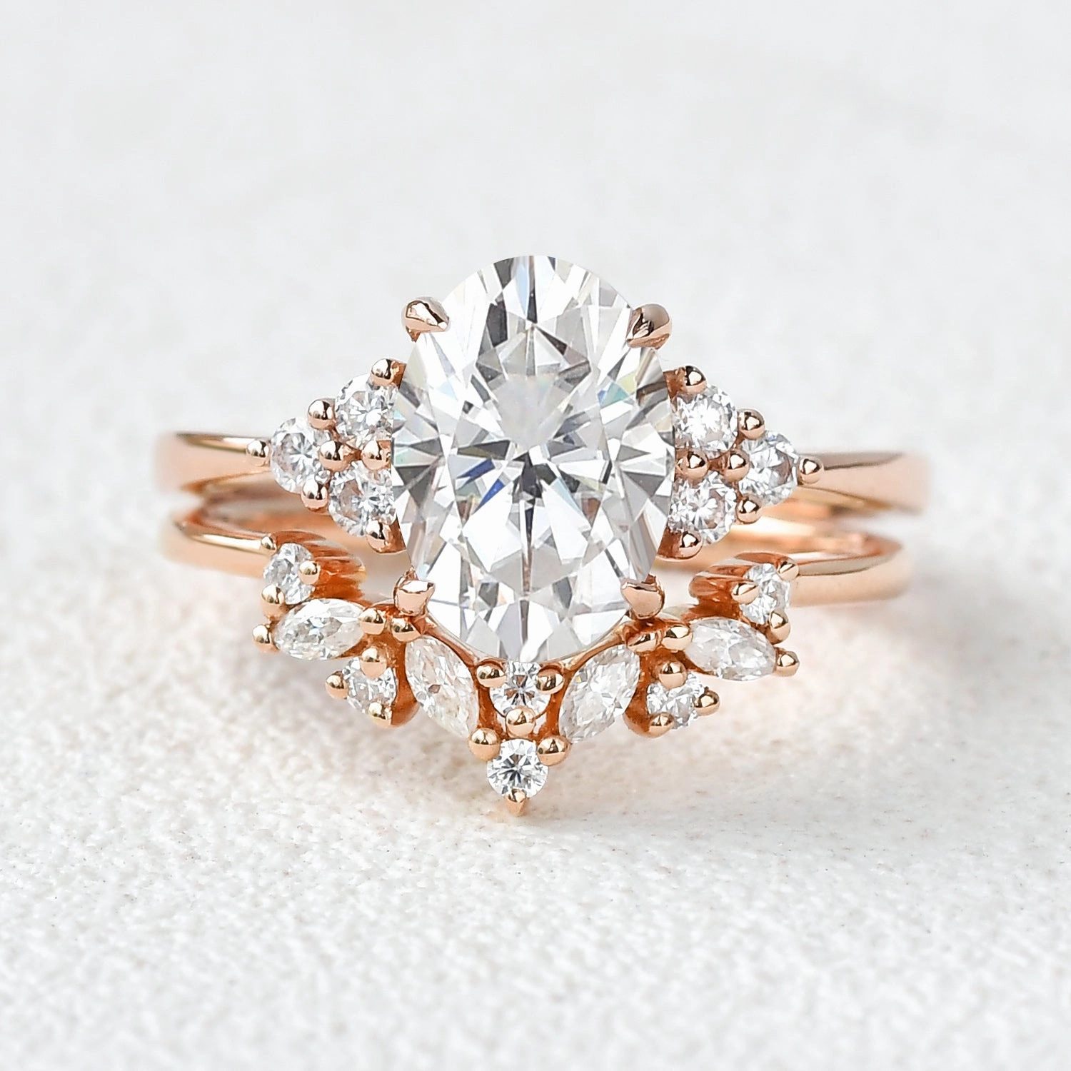 2.0ct Oval Cut Moissanite Floral Cluster Gold Ring Set 2pcs Balanced Beauty