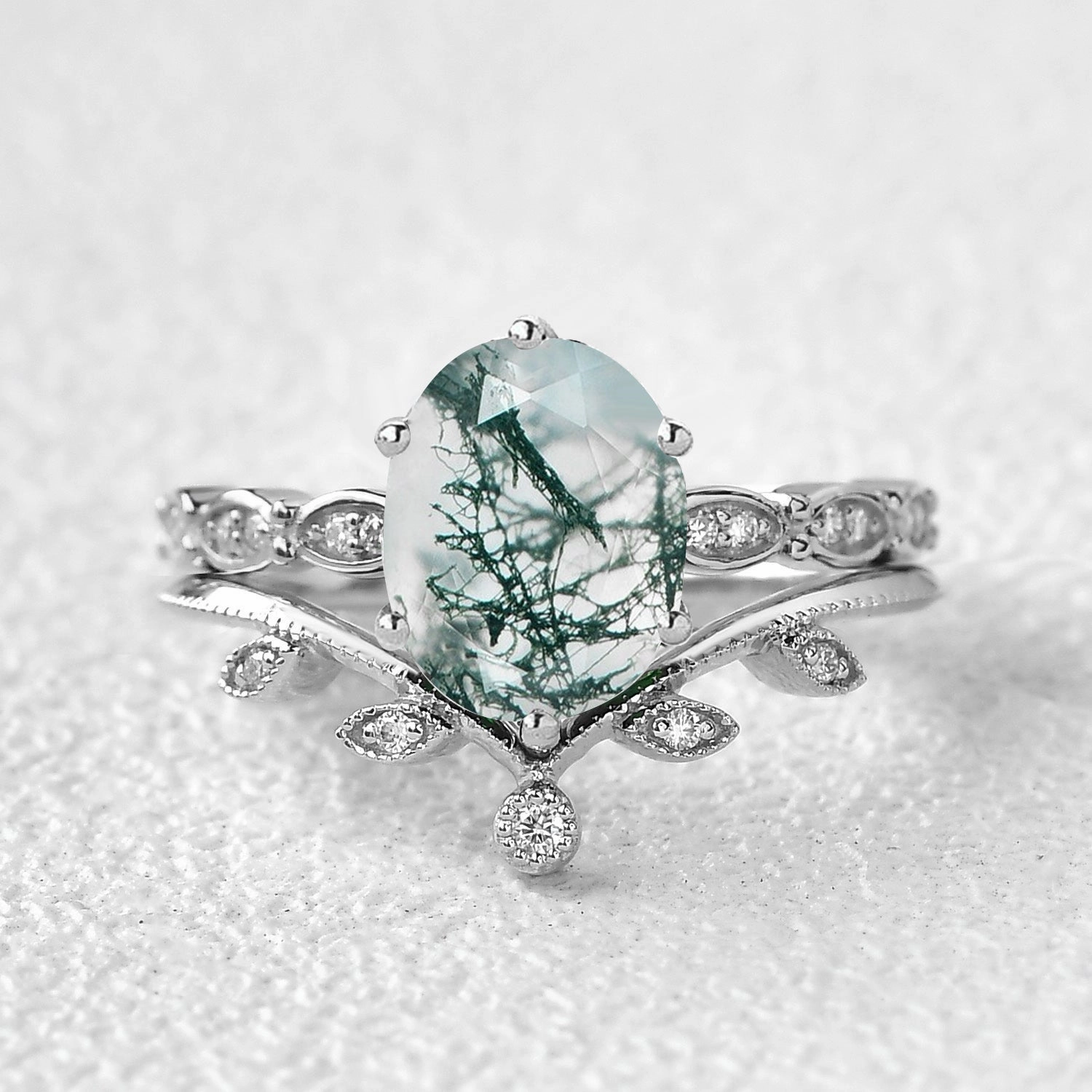 Sweet Accent 2.0ct Oval Cut Moss Agate Rose Gold Vine Leafy Ring Set 2pcs