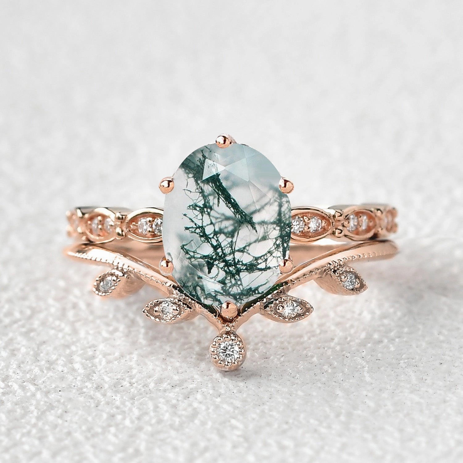 Shiny Jewelry Design 2.0ct Oval Cut Moss Agate Rose Gold Vine Leafy Ring Set 2pcs