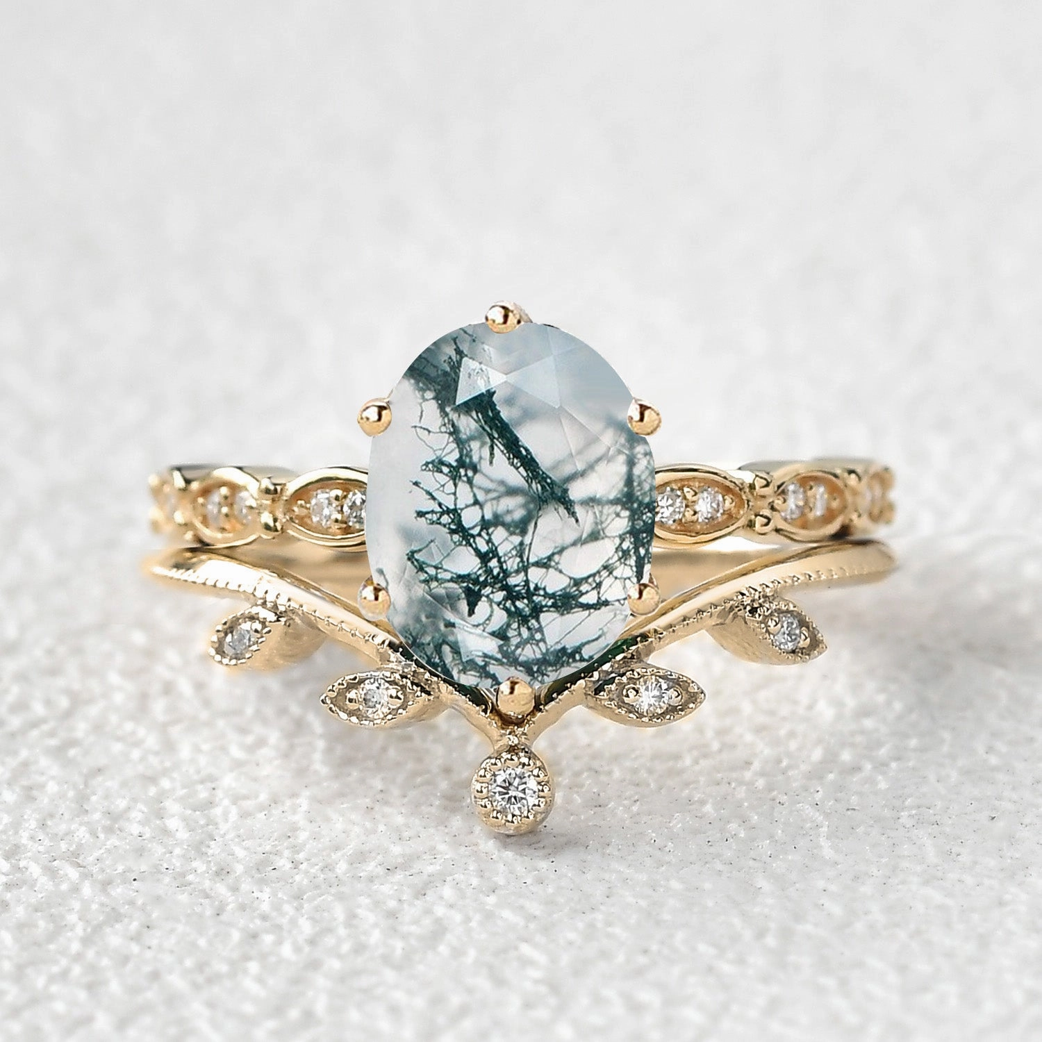 Wonderful Symbol Ornate Token 2.0ct Oval Cut Moss Agate Rose Gold Vine Leafy Ring Set 2pcs