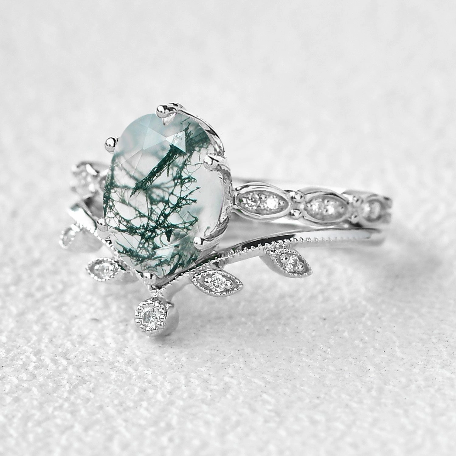 2.0ct Oval Cut Moss Agate Rose Gold Vine Leafy Ring Set 2pcs Timeless Item Exquisite Style