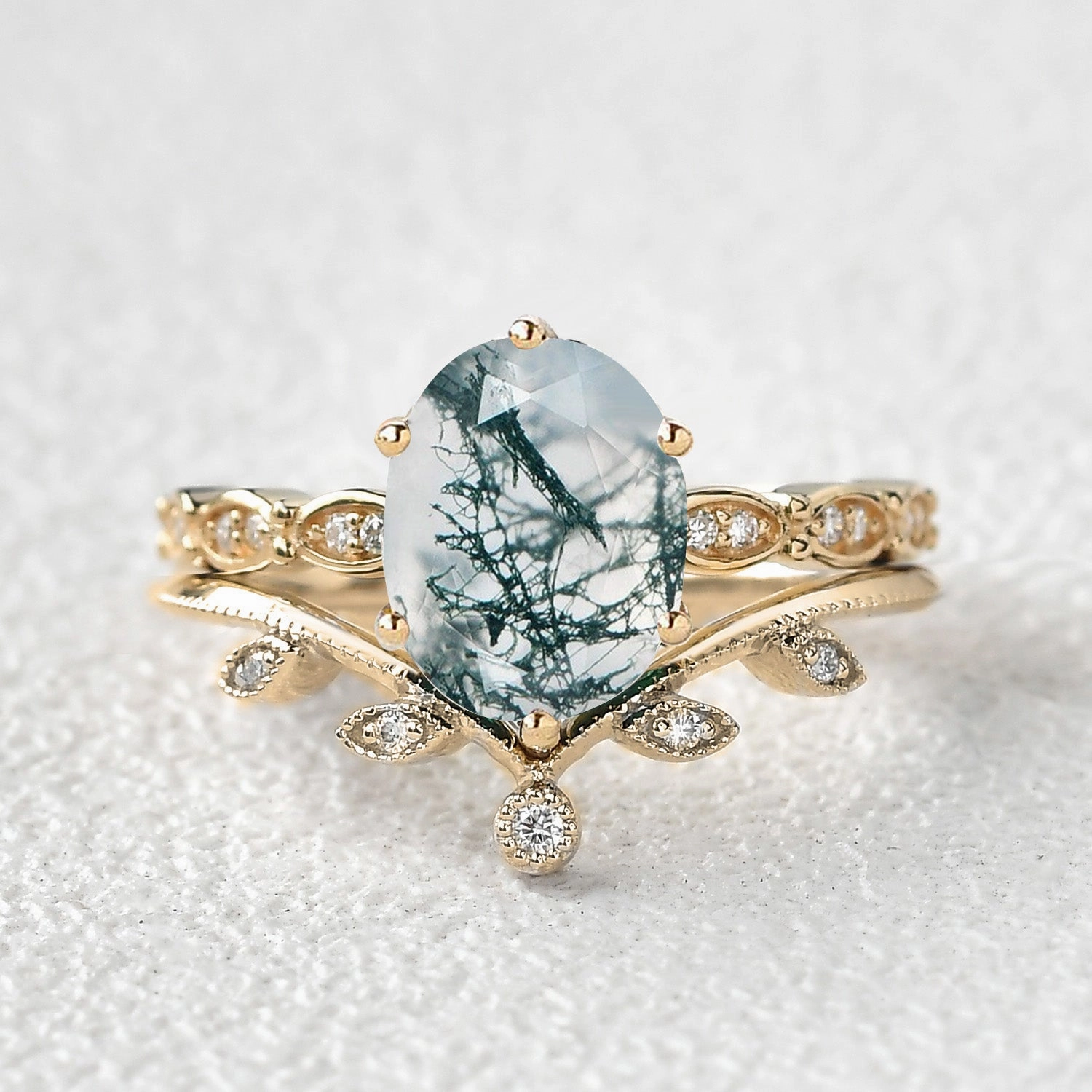 2.0ct Oval Cut Moss Agate Rose Gold Vine Leafy Ring Set 2pcs Dynamic Detail Stylish Gift