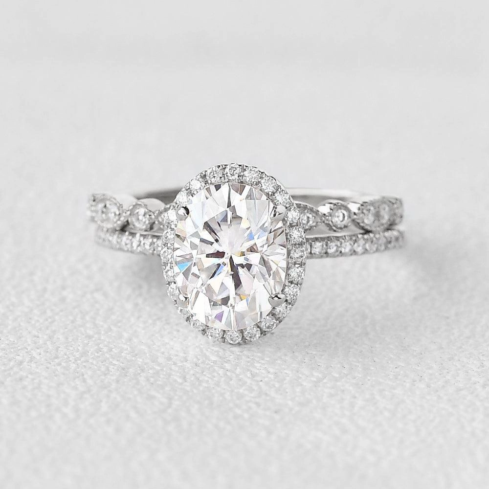 2.0ct Oval Moissanite Pave Vintage Halo Ring Set 2pcs - Olivia Dazzling Accent Bold Option